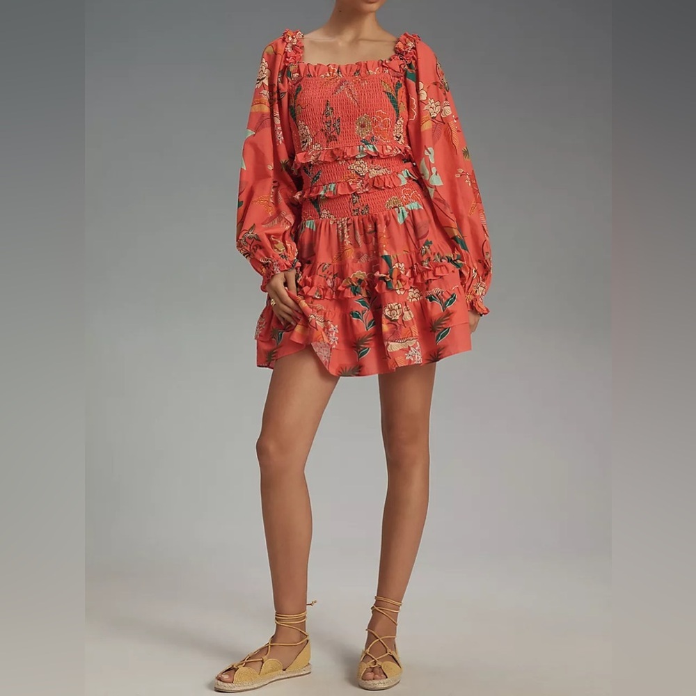 Farm Rio for Anthropologie Smocked Ruffle Floral Mini Dress Size S - Picture 3 of 13